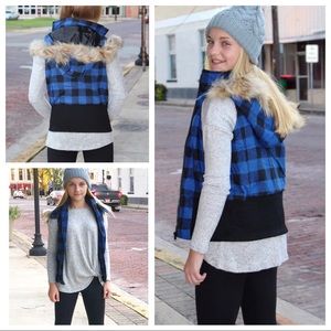 Girls’ Black/Blue Check Plaid Lined Hooded Vest